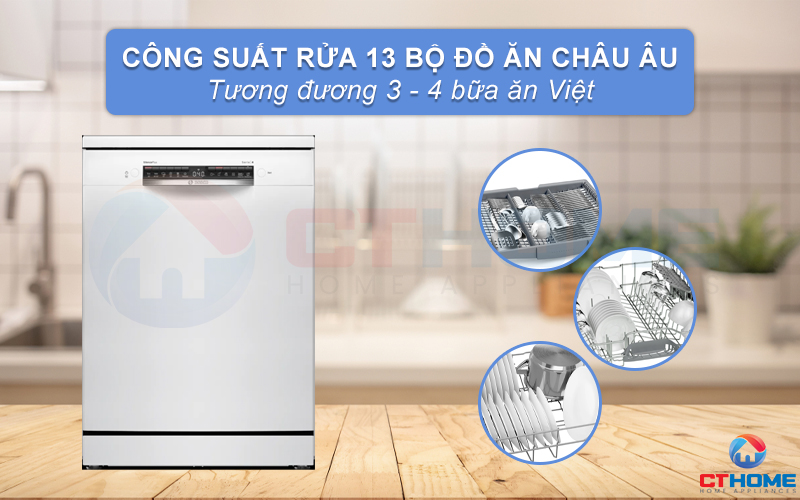 Dung tích chứa lớn, công suất rửa tối đa 13 bộ phục vụ gia đình 4 - 6 người