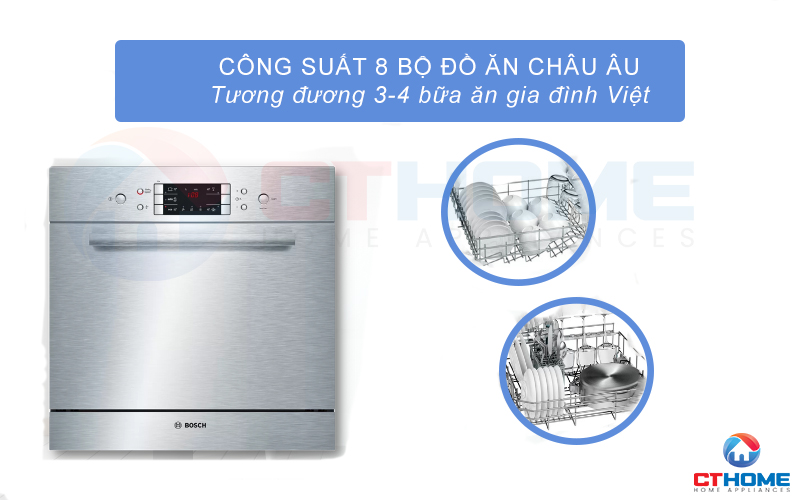 Công suất rửa tối đa của máy lên tới 8 bộ đồ ăn Châu Âu