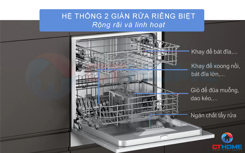 Hệ thống 2 giàn rửa riêng biệt rộng rãi và linh hoạt