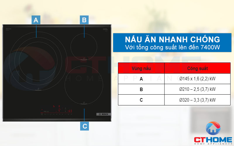 Nấu ăn nhanh chóng với tổng công suất lên đến 7400W