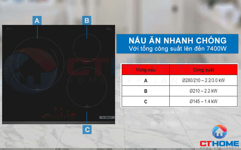 Nấu ăn nhanh chóng với tổng công suất lên đến 7400W