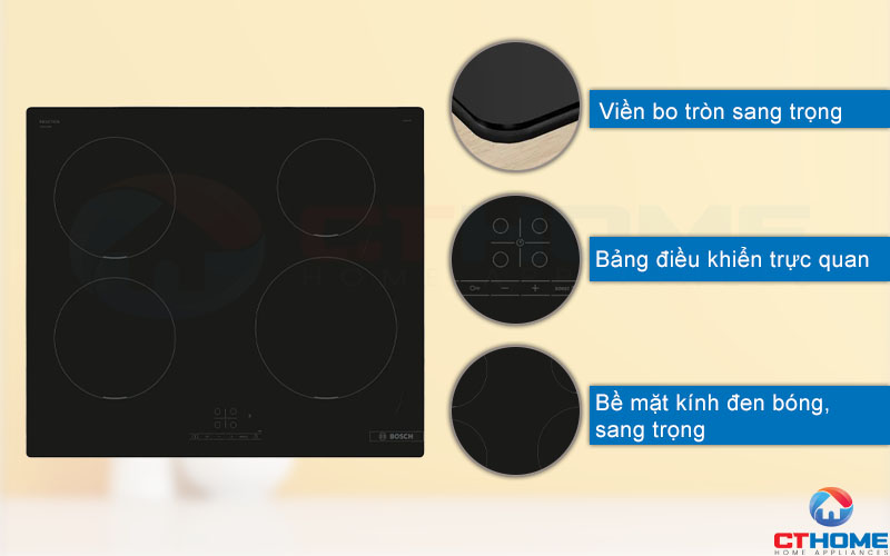 Thiết kế bo tròn tinh tế, bề mặt bếp đen sáng bóng