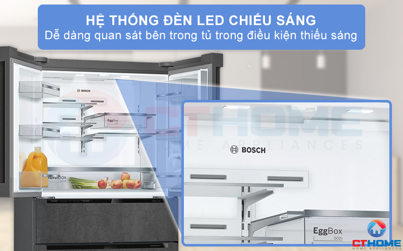 Bên trong khoang tủ được trang bị thêm đèn LED chiếu sáng đồng đều khắp khoang tủ