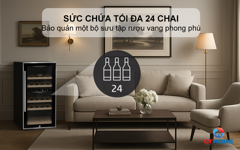 Sức chứa tối đa 24 chai giúp người dùng thoải mái bảo quản