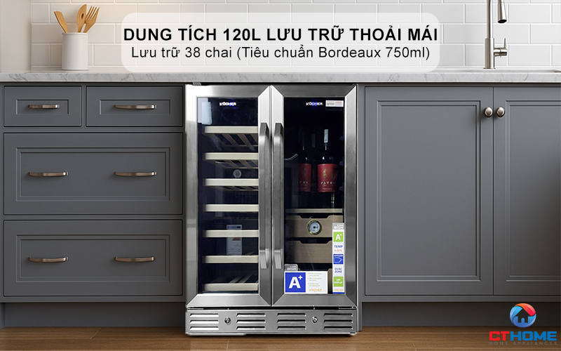 Dung tích 120L lưu trữ thoải mái, lưu trữ 38 chai (Tiêu chuẩn Bordeaux 750ml)