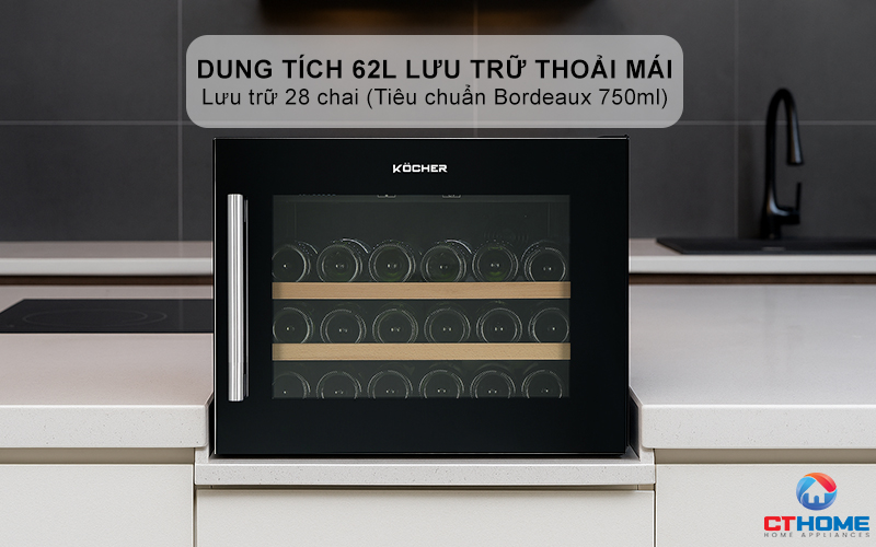 Dung tích 62L lưu trữ thoải mái, lưu trữ 28 chai (Tiêu chuẩn Bordeaux 750ml)