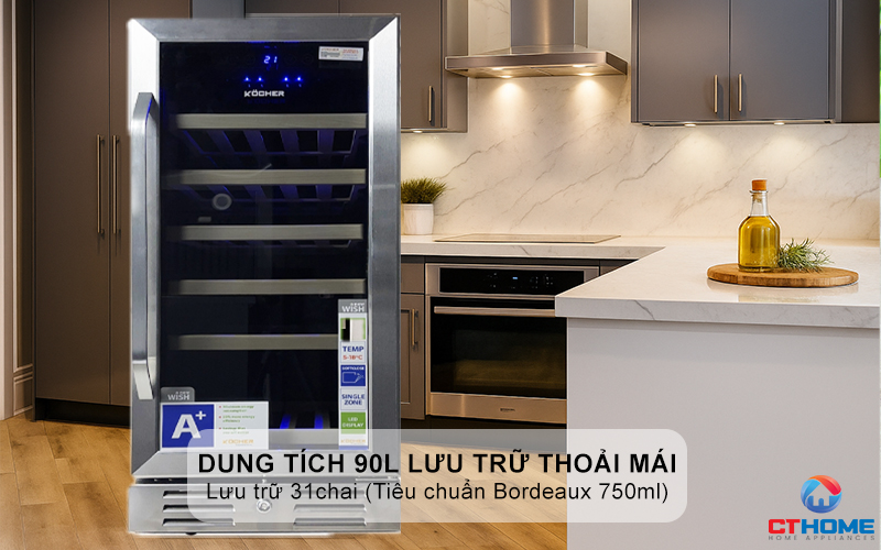 Dung tích 90L lưu trữ thoải mái, lưu trữ 31 chai (Tiêu chuẩn Bordeaux 750ml)