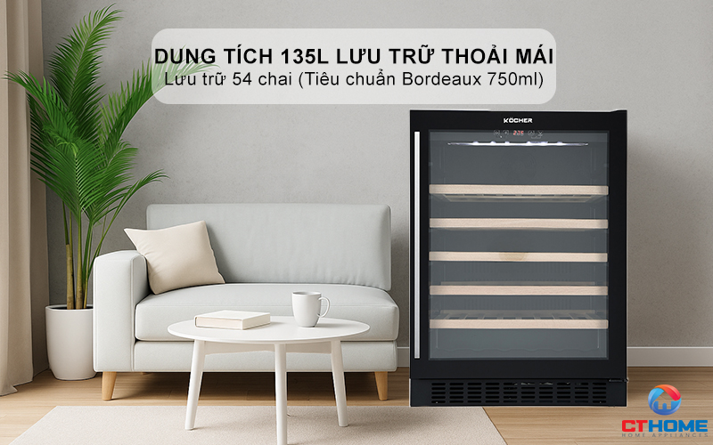 Dung tích 135L lưu trữ thoải mái, lưu trữ 54 chai (Tiêu chuẩn Bordeaux 750ml)