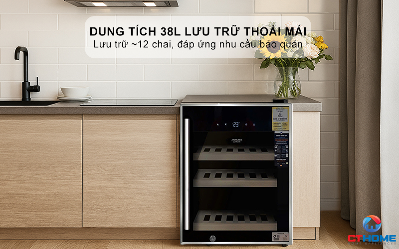 Dung tích 38L lưu trữ thoải mái, lưu trữ ~12 chai