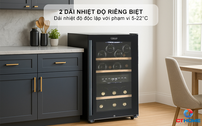 2 dải nhiệt độ riêng biệt, bảo quản nhiều loại rượu