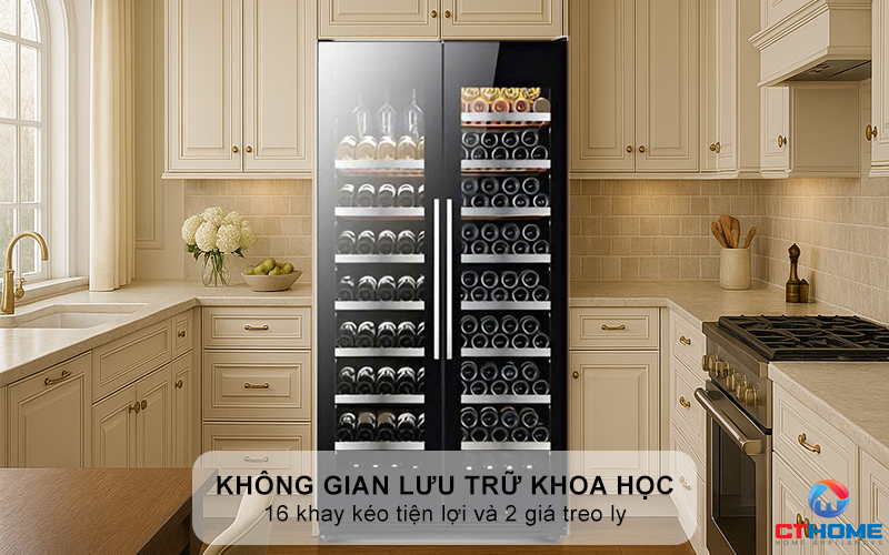 Không gian lưu trữ khoa học với giàn treo ly và ngăn kéo gỗ sồi