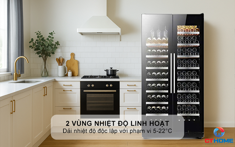 2 vùng nhiệt độ linh hoạt, phù hợp nhiều loại rượu