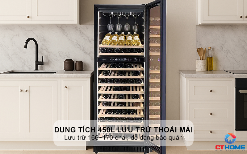 Dung tích 450L lưu trữ thoải mái, lưu trữ 166~170 chai