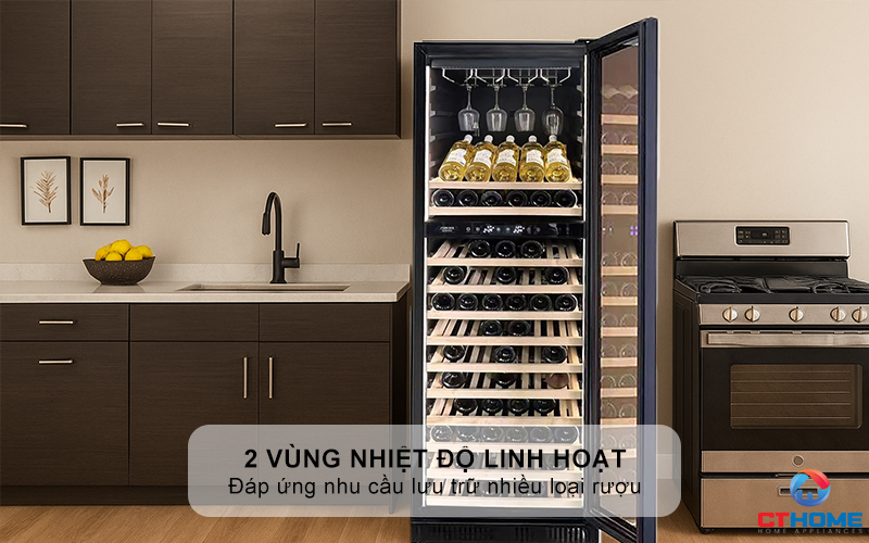 2 vùng nhiệt độ linh hoạt, phù hợp nhiều loại rượu
