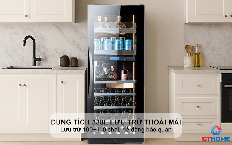 Dung tích 338L thoải mái lưu trữ 100~110 chai