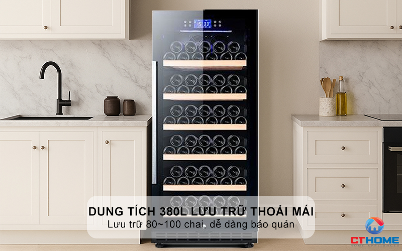 Dung tích 380L thoải mái lưu trữ 80~100 chai