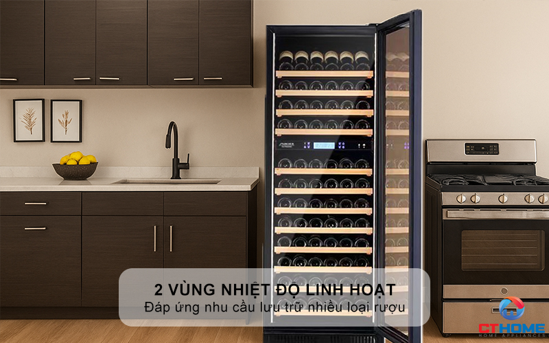 2 vùng nhiệt độ linh hoạt, phù hợp nhiều loại rượu