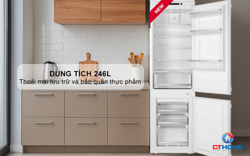 Dung tích 246L gồm 01 ngăn mát, 01 ngăn đông mềm
