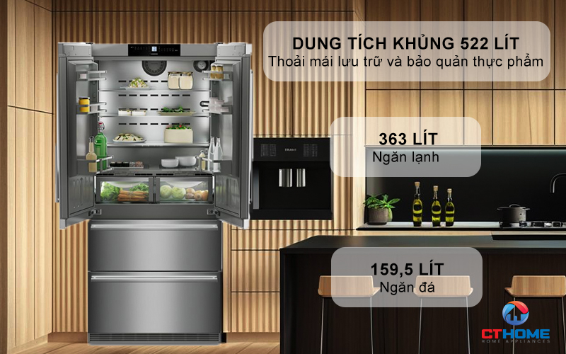 Dung tích tổng 522 lít thoải mái lưu trữ thực phẩm