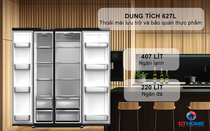 Dung tích 627L thoải mái đựng đồ