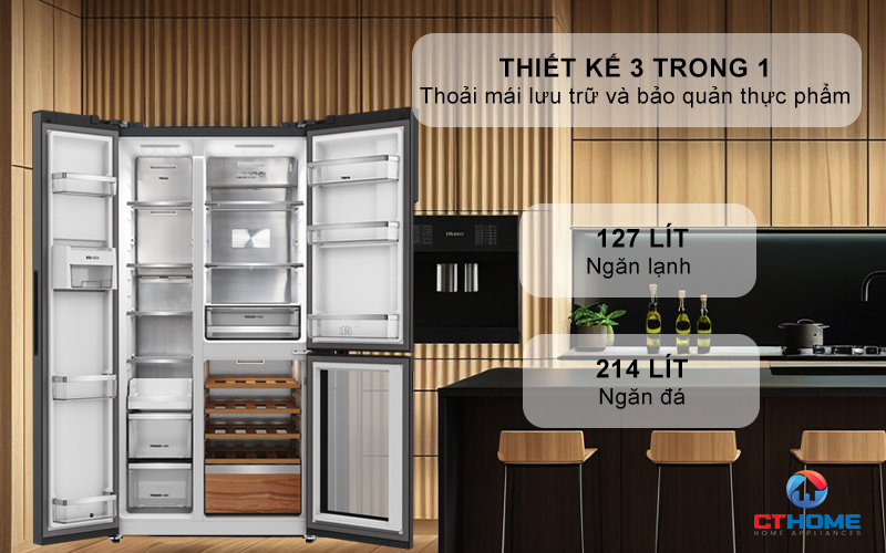 3 trong 1: tủ lạnh dung tích lớn, ngăn đông tiện dụng và ngăn trữ rượu vang
