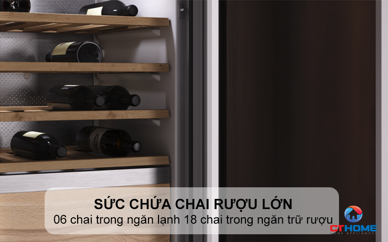 Sức chứa: 06 chai trong ngăn lạnh 18 chai trong ngăn trữ rượu