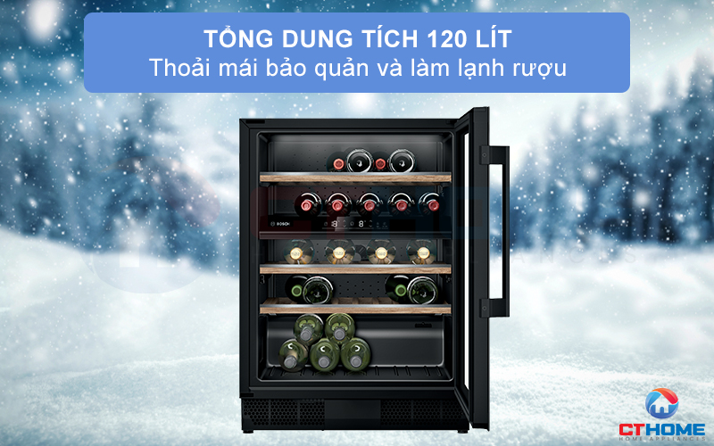 Tổng dung tích lên đến 120 lít cho bạn thoải mái bảo quản những chai rượu vang của mình