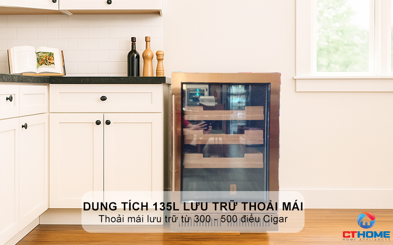 Dung tích 135L, thoải mái lưu trữ từ 300 - 500 điếu Cigar