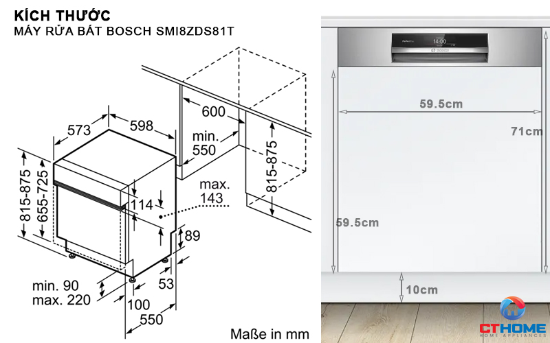 Kích thước của máy rửa bát Bosch SMI8ZDS81T
