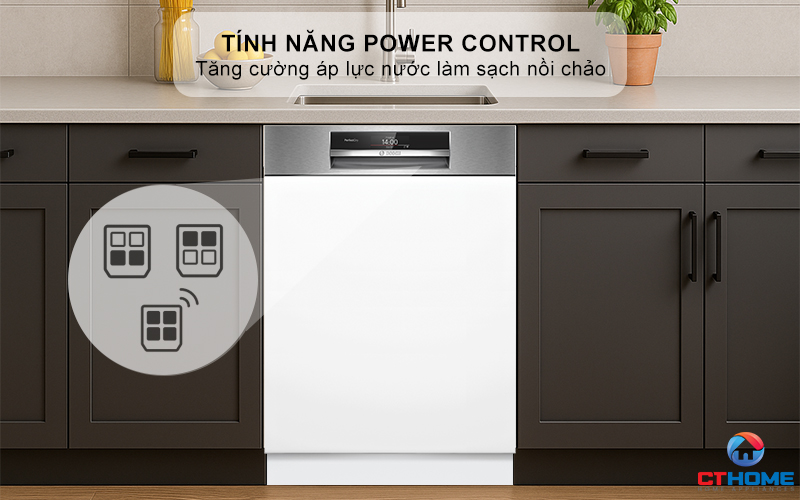 Cánh tay phun Flex Spray thế hệ mới với chức năng Power Control trên máy rửa bát Bosch.