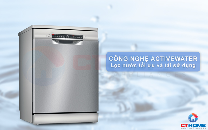 Công nghệ ActiveWater giúp tối ưu lượng nước rửa hơn cho máy rửa bát SMS4HTI45E.