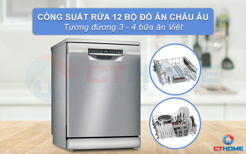 Công suất rửa của máy rửa bát Bosch SMS4HTI45E tối đa là 12 bộ.