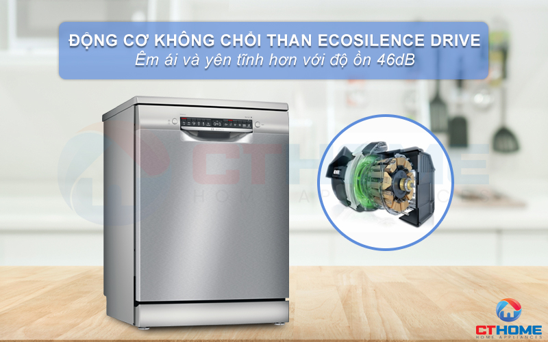 Động cơ EcoSilence Drive giúp độ ồn của máy rửa bát SMS4HTI45E ở mức thấp.