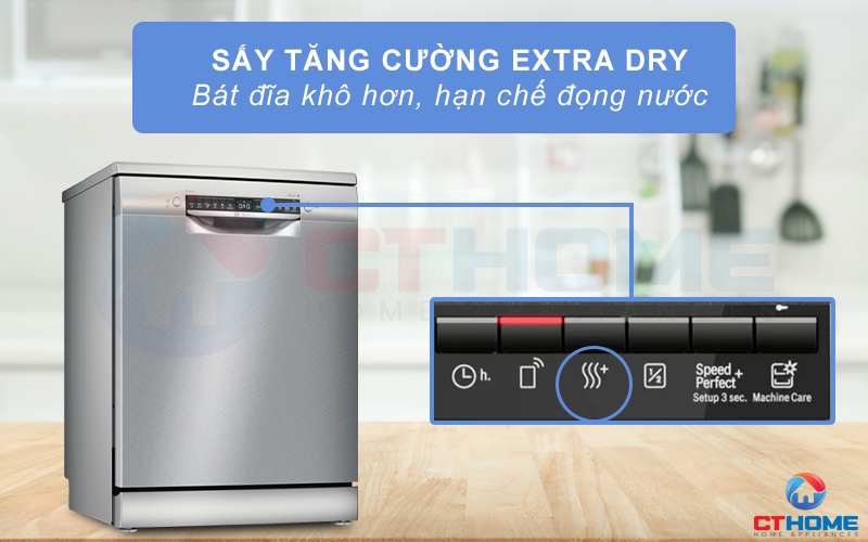 Tính năng sấy tăng cường Extra Dry trên máy rửa chén Bosch SMS4HTI45E.