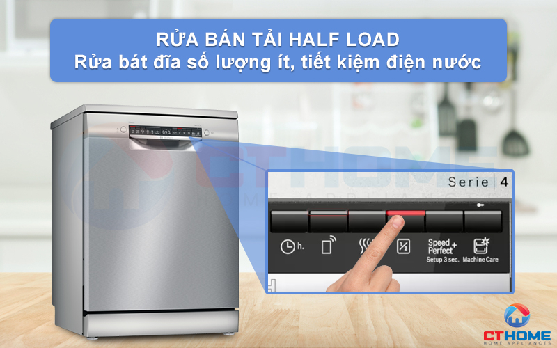 Sử dụng tính năng Half Load để rửa bát đĩa số lượng nhỏ.