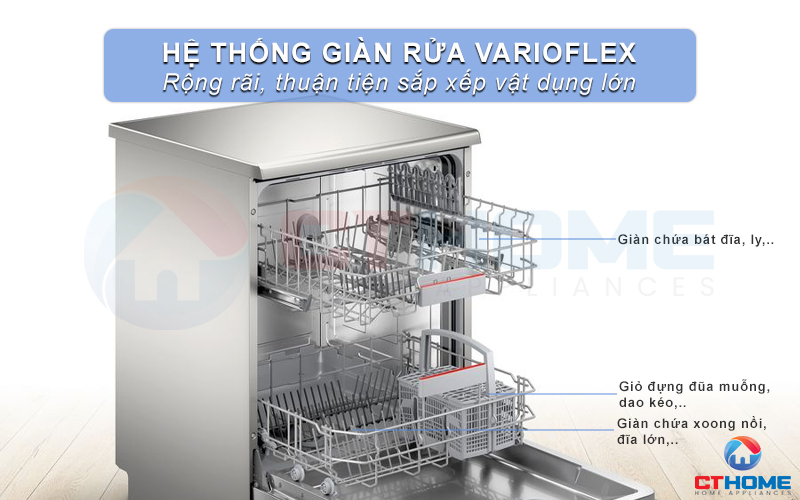 2 giàn rửa giúp máy rửa bát Bosch SMS4HTI45E rộng rãi hơn.