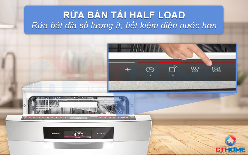 Kích hoạt rửa bán tải Half Load để rửa bát đĩa số lượng ít