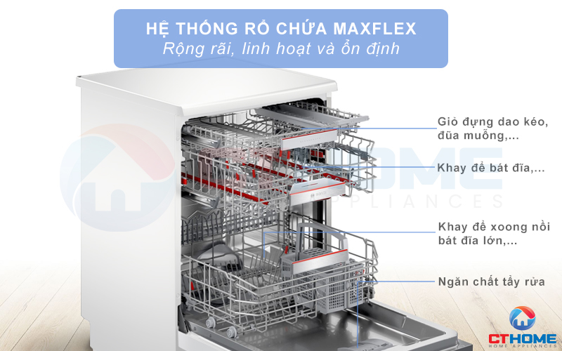 Hệ thống rổ MaxFlex 3 giàn rửa rộng rãi cùng giỏ chứa bát đĩa dưới cùng