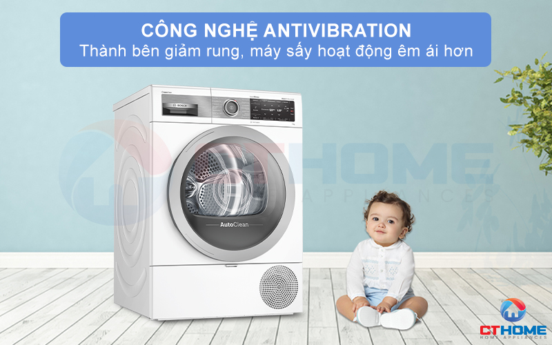 Công nghệ AntiVibration giúp giảm rung hai bên thành máy sấy Bosch WTX87E40.