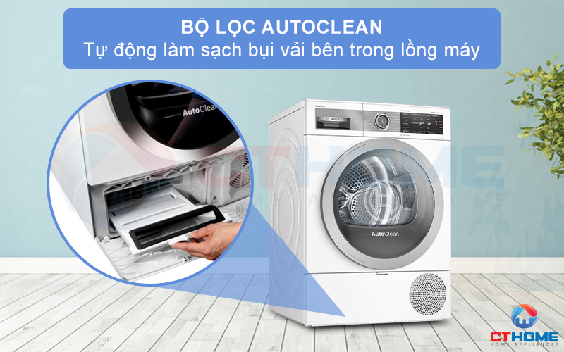 Bộ lọc AutoClean tự động làm sạch bụi vải bên trong lồng máy cho mỗi lần sấy.