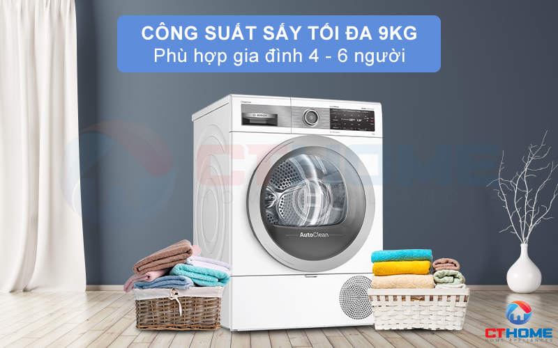 Máy sấy Bosch WTX87E40 có thể sấy khô tối đa 9kg đồ quần áo.