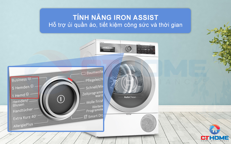 Tính năng Iron Assist trên máy sấy Bosch WTX87E40 hỗ trợ là (ủi) đồ quần áo.