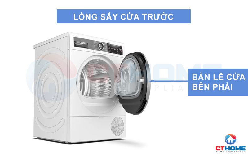 Máy sấy Bosch WTX87E40 được thiết kế lồng sấy cửa trước, bản lề cửa bên phải.