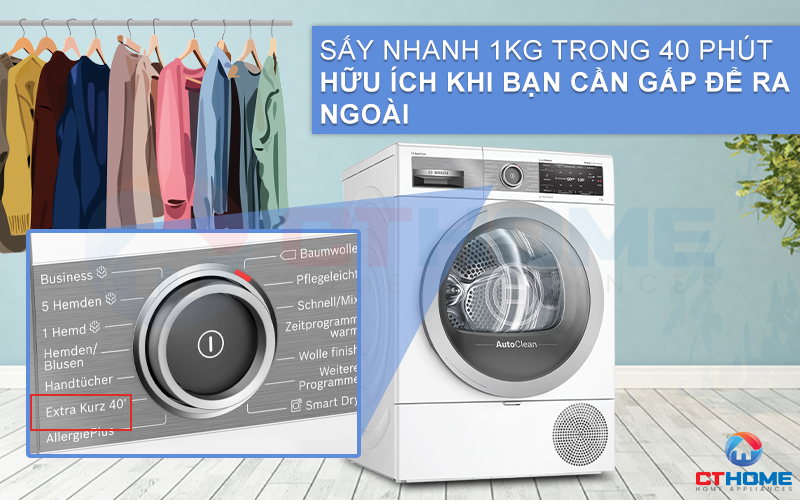 Tính năng Extra Kurz sấy nhanh trong 40 phút khi cần gấp quần áo để ra ngoài.