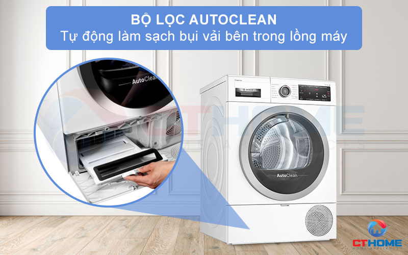 Bộ lọc AutoClean tự động làm sạch bụi vải sau mỗi lần sấy.