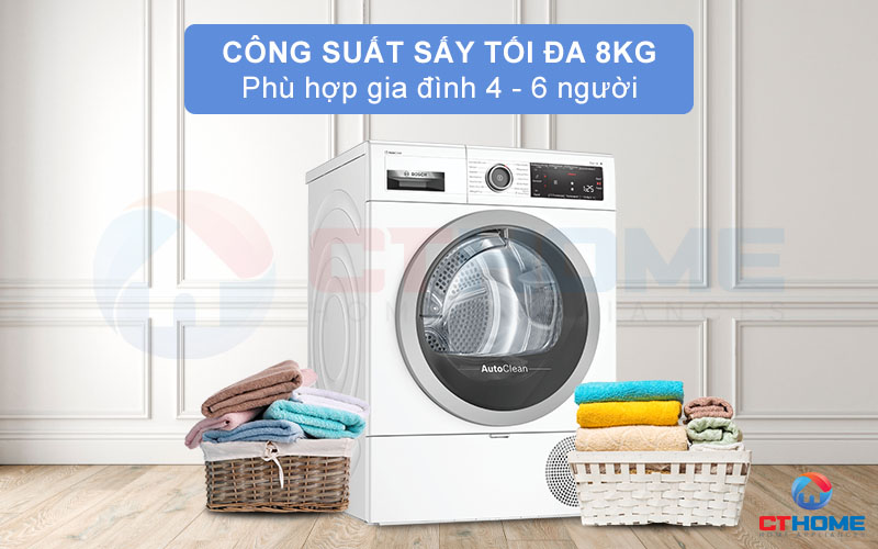 Máy sấy Bosch WTX87M40 có thể sấy khô tối đa lên đến 8kg.