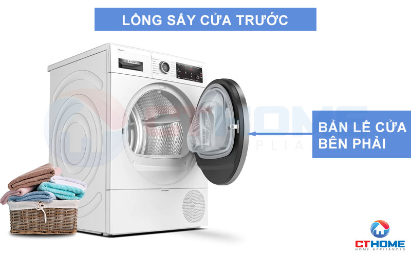 Máy sấy Bosch WTX87M40 được thiết kế với cửa trước, bản lề phải.