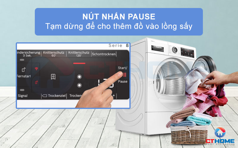 Nhấn Pause để tạm ngưng khi bạn muốn thêm quần áo vào lồng sấy.