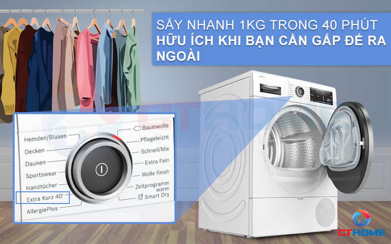 Sấy khô nhanh 40 phút với tính năng Extra Kurz.