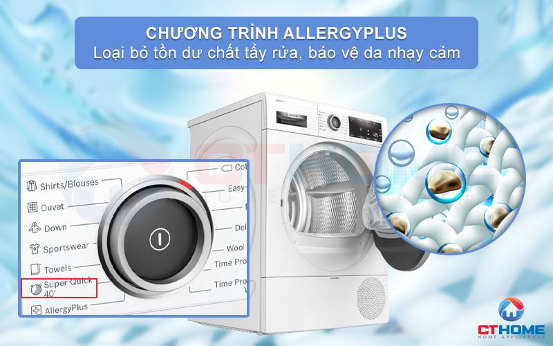 Chức năng AllergyPlus sấy diệt khuẩn, bảo vệ làn da nhạy cảm.